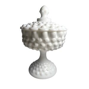 VTG Fenton White Hobnail Milk Glass Covered 8.75" Compote Candy Dish on Pedestal